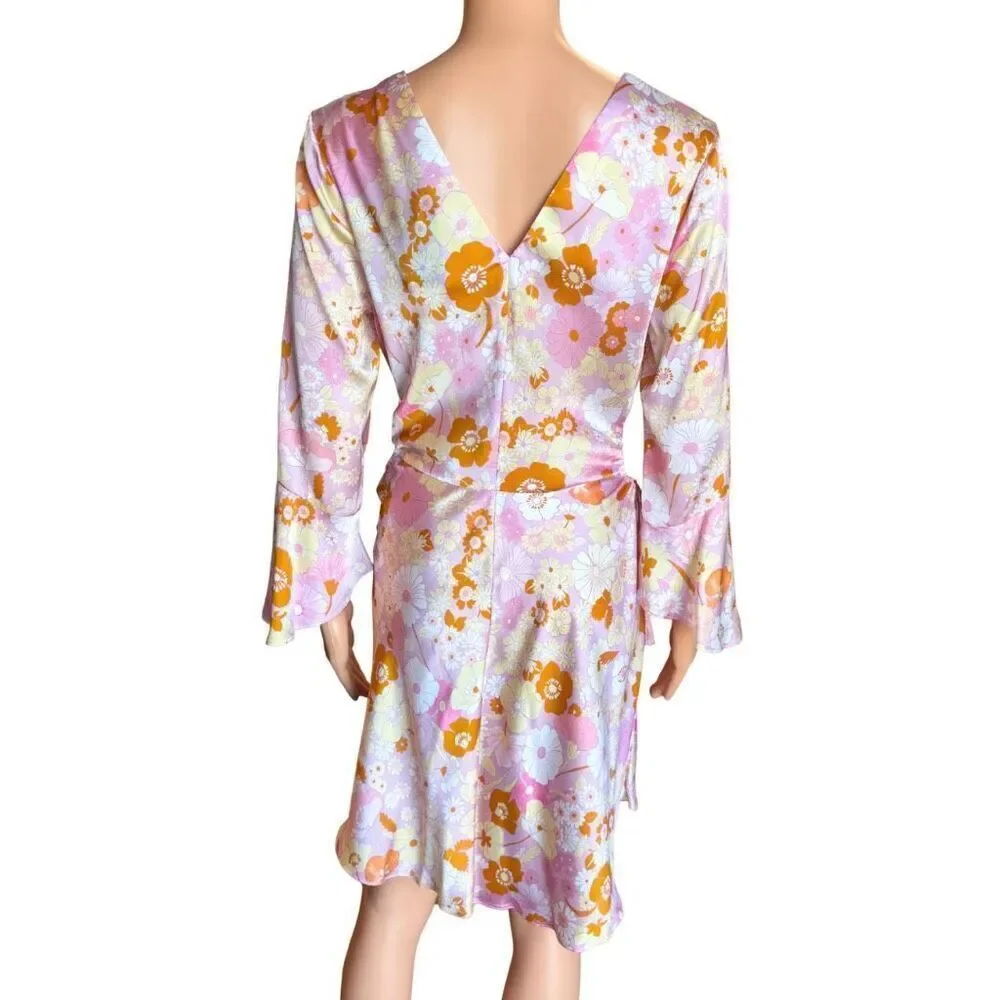 NWT Maje Flower Power Printed Satin Dress Pink Floral Long Sleeve V-Neck 40 US 8